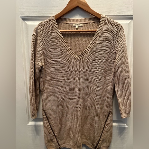 Pre-owned Tyler Boe Womens Cotton  Ribbed Knit Zipper Trim Sweater Tan- Small - Picture 1 of 6
